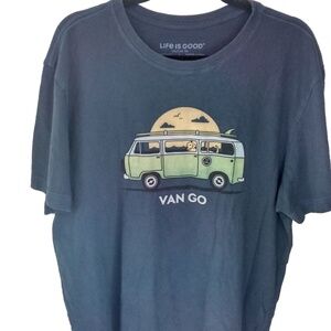 Life is Good T Shirt Crusher SZ Large Blue Surf Bus Outlook Mostly Sunny VW Van